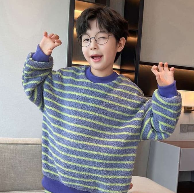 子どもパジャマ もこもこ ボーダー キッズルームウェア 上下セット