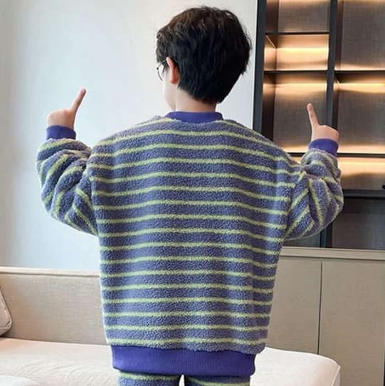 子どもパジャマ もこもこ ボーダー キッズルームウェア 上下セット