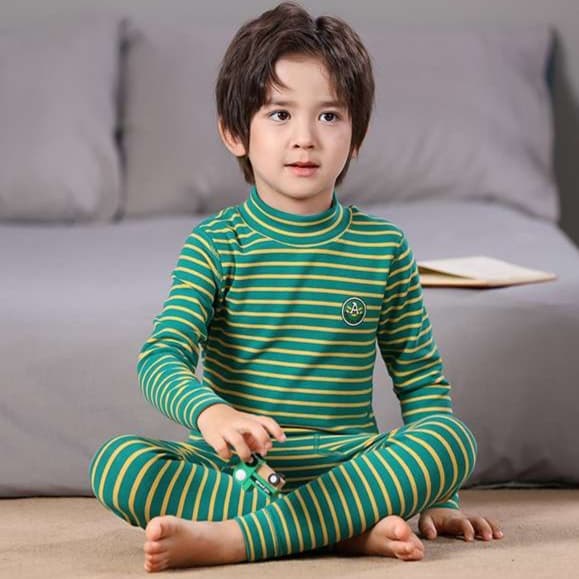 子どもパジャマ ふわもこ 縞模様 タートルネック キッズ寝巻き