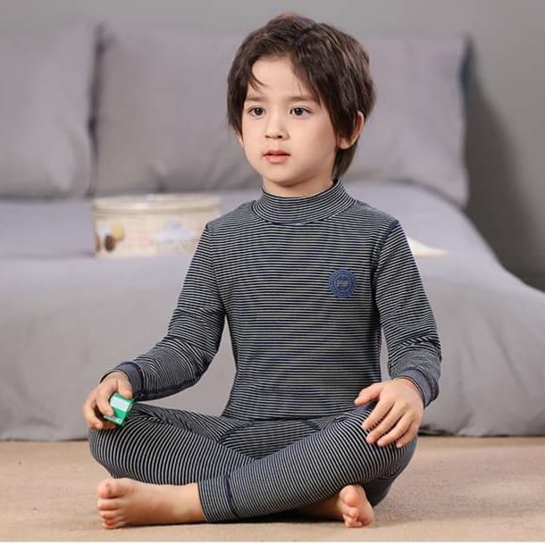 子どもパジャマ ふわもこ 縞模様 タートルネック キッズ寝巻き