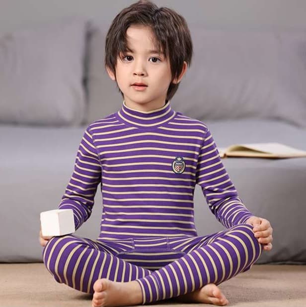 子どもパジャマ ふわもこ 縞模様 タートルネック キッズ寝巻き