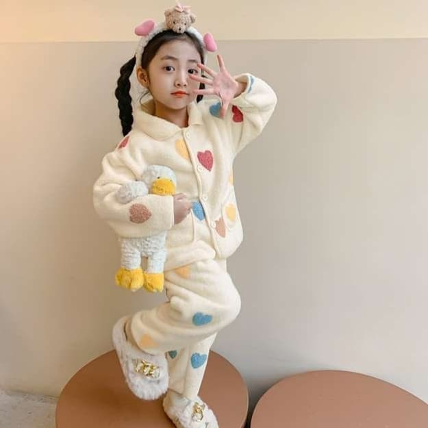 子どもパジャマ もこもこハートの冬パジャマセット