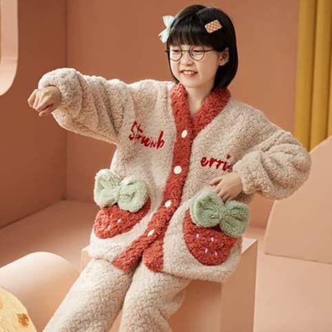 子どもパジャマ ふわもこいちご柄ルームウェア上下セット