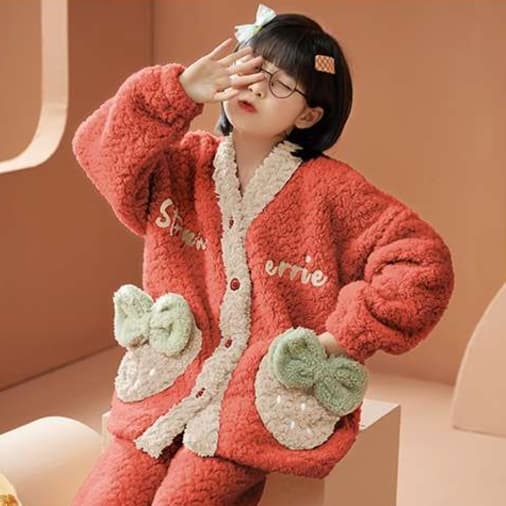 子どもパジャマ ふわもこいちご柄ルームウェア上下セット