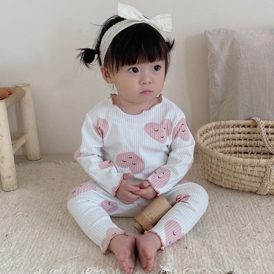 子どもパジャマ ふんわりリブ編み水玉とハートのパジャマセット
