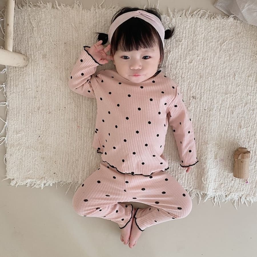 子どもパジャマ ふんわりリブ編み水玉とハートのパジャマセット