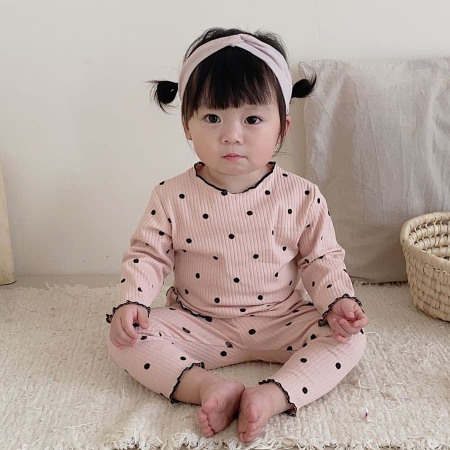 子どもパジャマ ふんわりリブ編み水玉とハートのパジャマセット