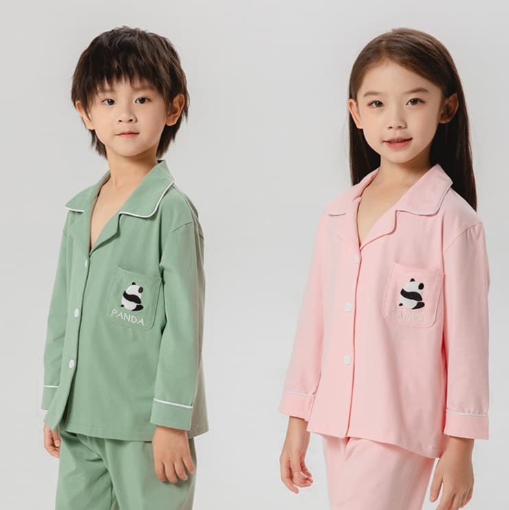 子どもパジャマ パンダ刺繍入り長袖上下セット パジャマ