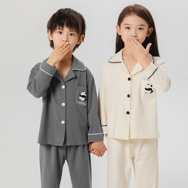 子どもパジャマ パンダ刺繍入り長袖上下セット パジャマ
