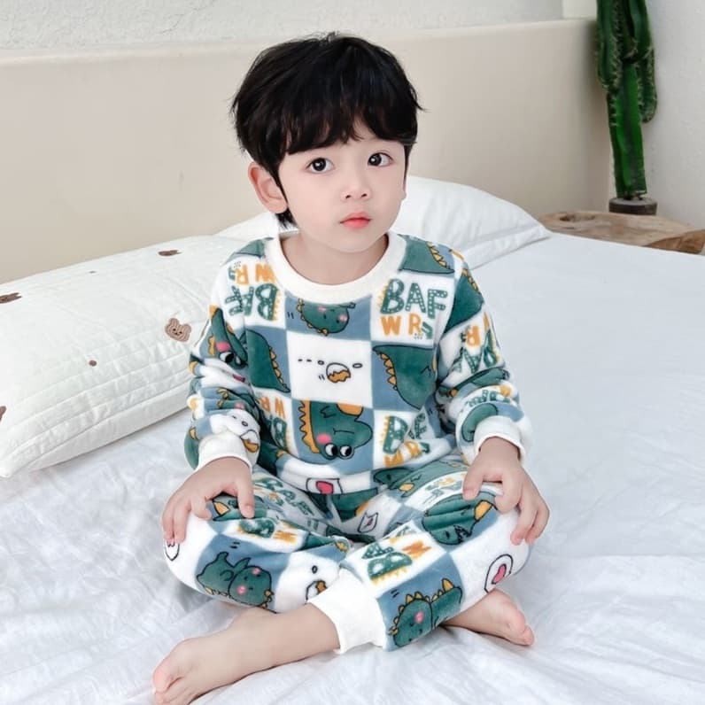 子どもパジャマ 恐竜柄もこもこ上下セットパジャマ