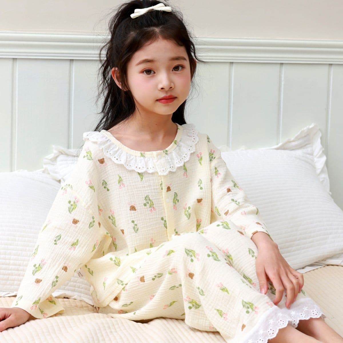 子どもパジャマ 子どもパジャマ 花模様レース襟ガーゼパジャマ