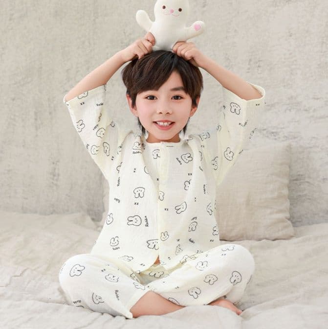 子どもパジャマ 子どもパジャマ 花模様レース襟ガーゼパジャマ