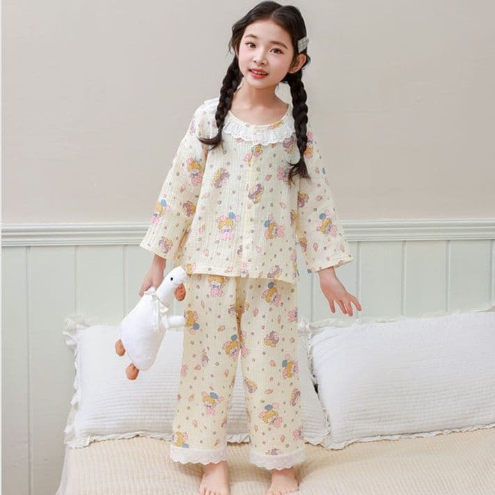 子どもパジャマ 子どもパジャマ 花模様レース襟ガーゼパジャマ
