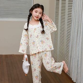 子どもパジャマ 子どもパジャマ 花模様レース襟ガーゼパジャマ