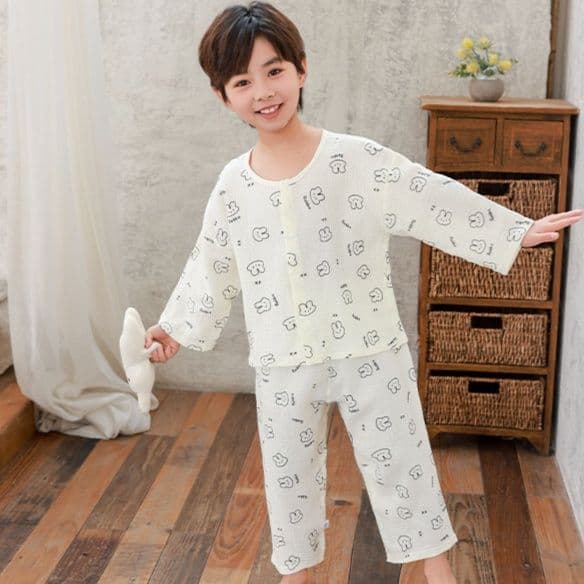 子どもパジャマ 子どもパジャマ 花模様レース襟ガーゼパジャマ