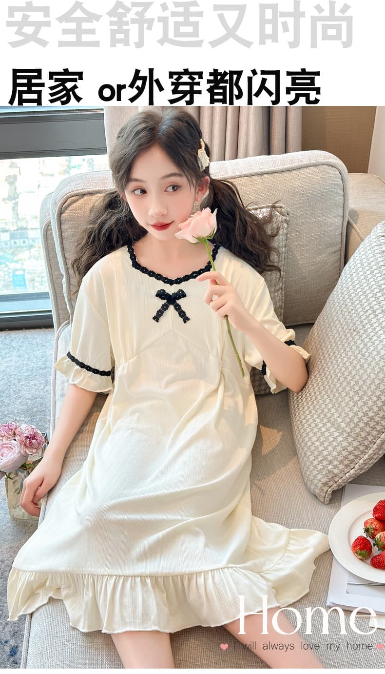 子どもパジャマ 黒パイピング襟ワンピースパジャマ