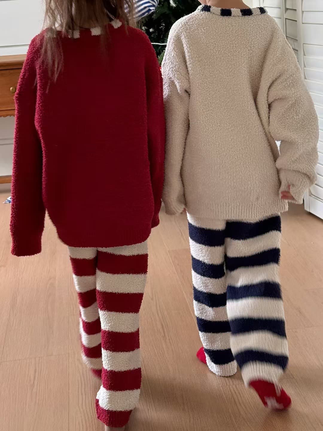 子どもパジャマ くまさん刺繍もこもこボーダー柄上下セット