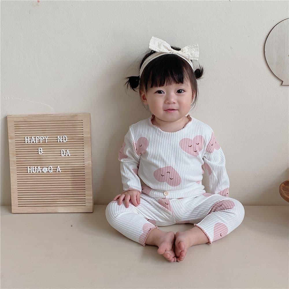 子どもパジャマ ふんわりリブ編み水玉とハートのパジャマセット