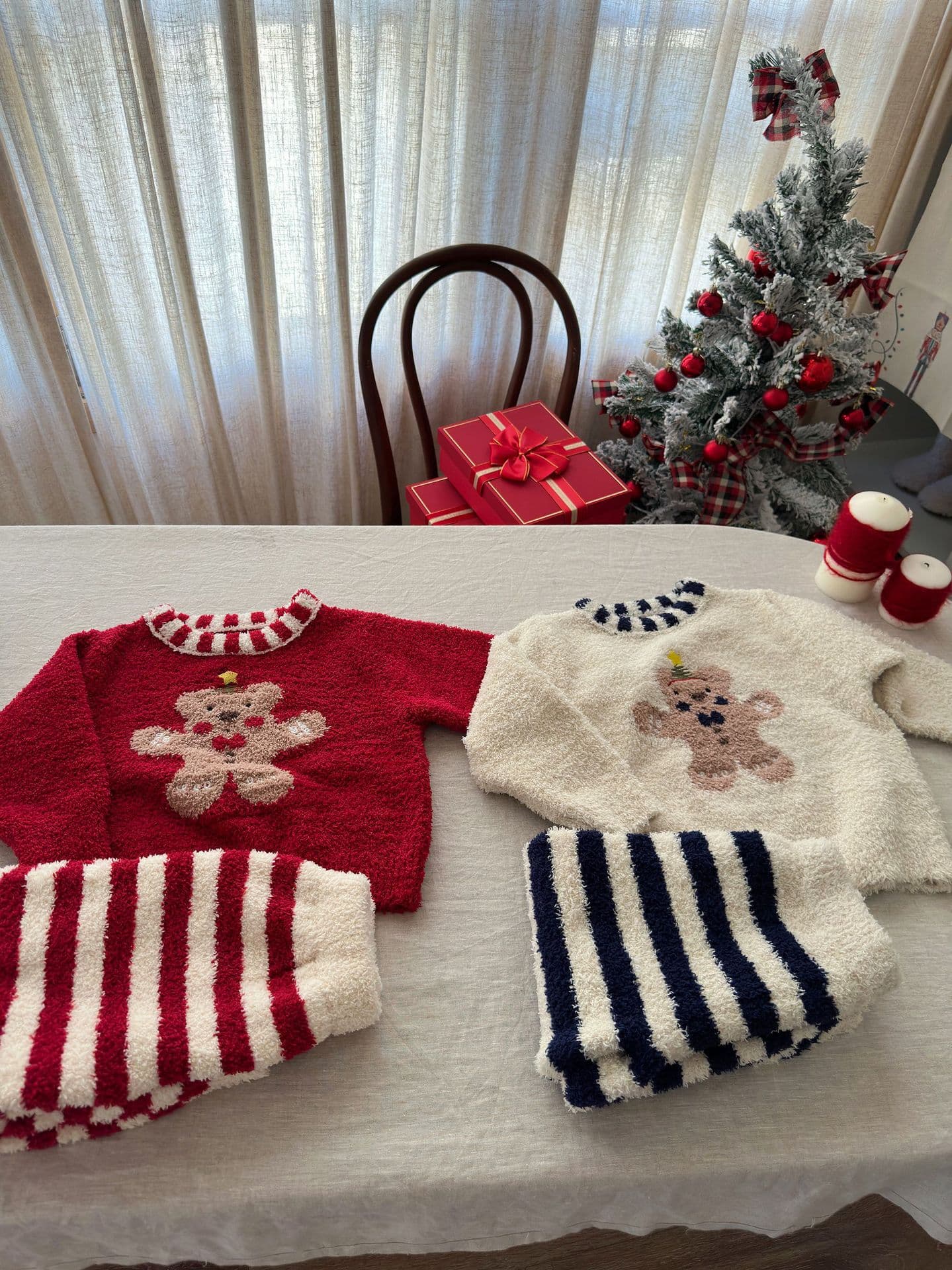 子どもパジャマ くまさん刺繍もこもこボーダー柄上下セット
