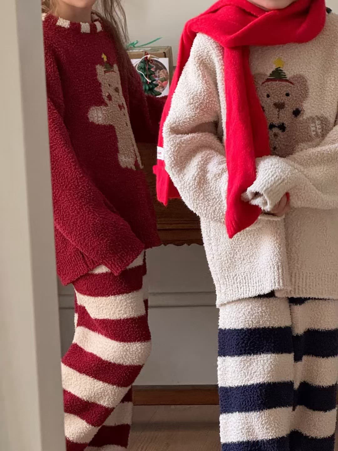子どもパジャマ くまさん刺繍もこもこボーダー柄上下セット