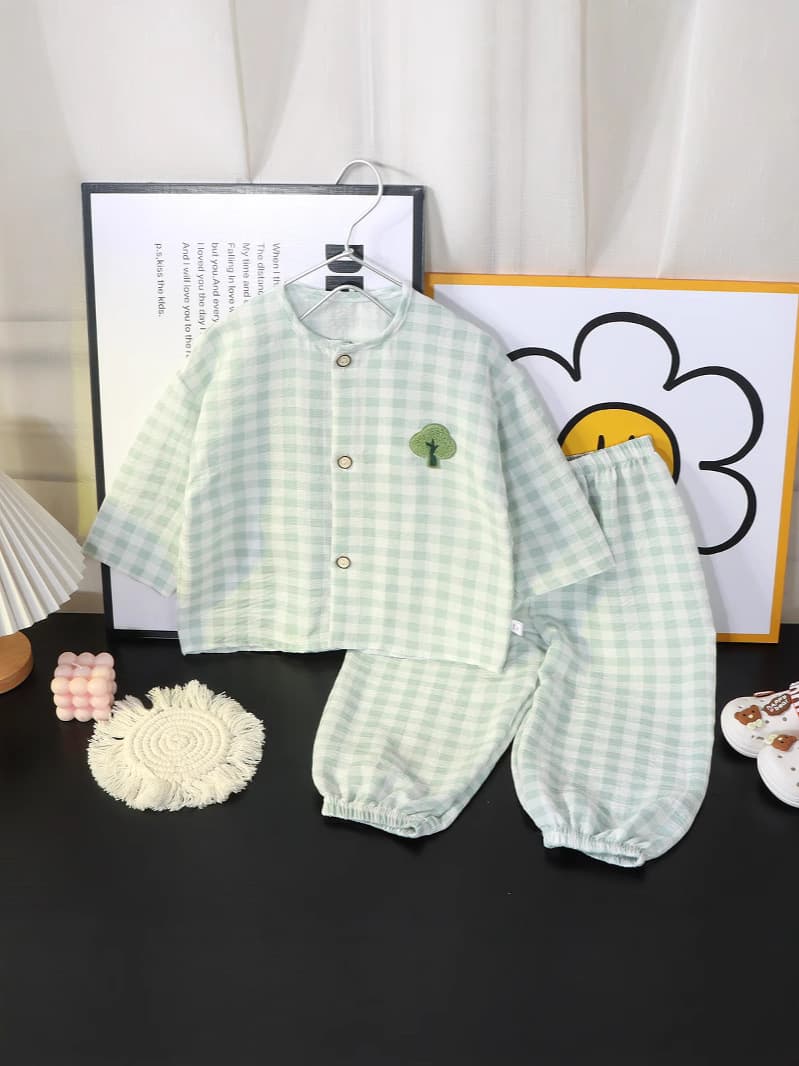 子どもパジャマ刺繍ギンガムチェック長袖上下セット冬