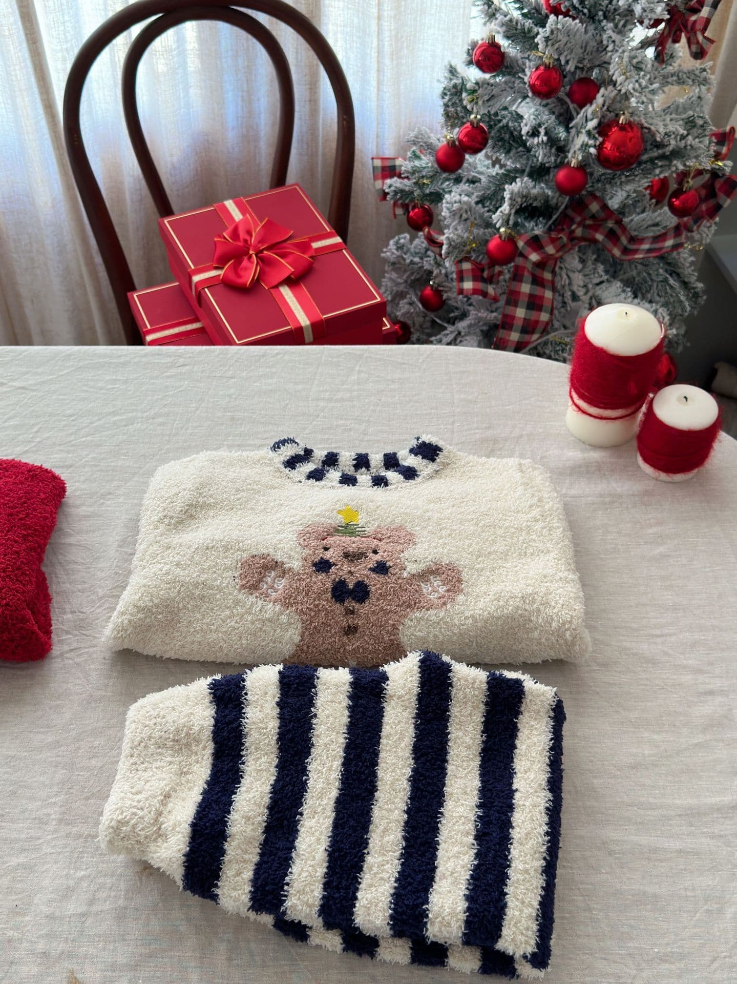 子どもパジャマ くまさん刺繍もこもこボーダー柄上下セット
