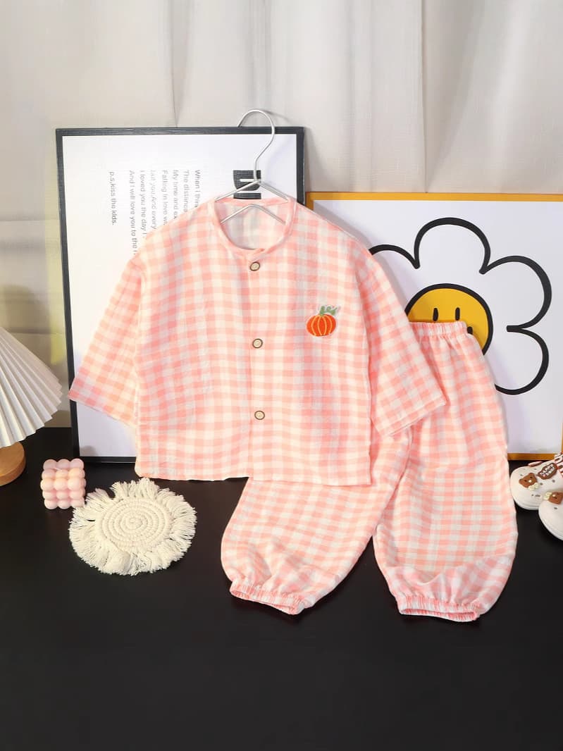 子どもパジャマ刺繍ギンガムチェック長袖上下セット冬