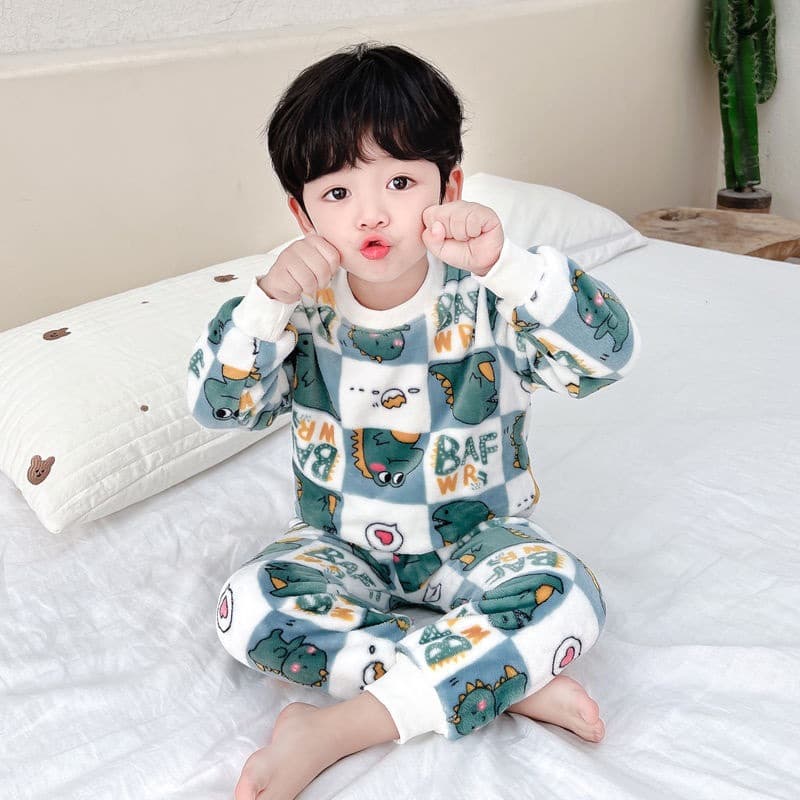 子どもパジャマ 恐竜柄もこもこ上下セットパジャマ
