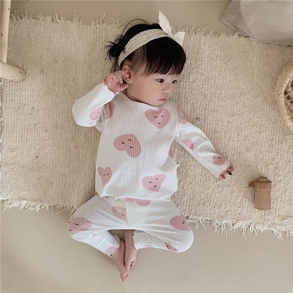 子どもパジャマ ふんわりリブ編み水玉とハートのパジャマセット