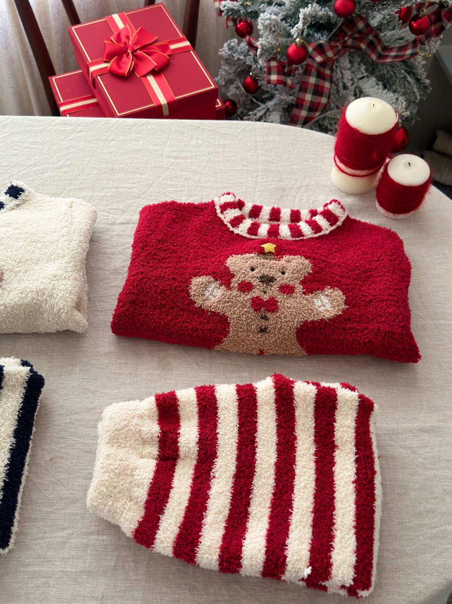 子どもパジャマ くまさん刺繍もこもこボーダー柄上下セット