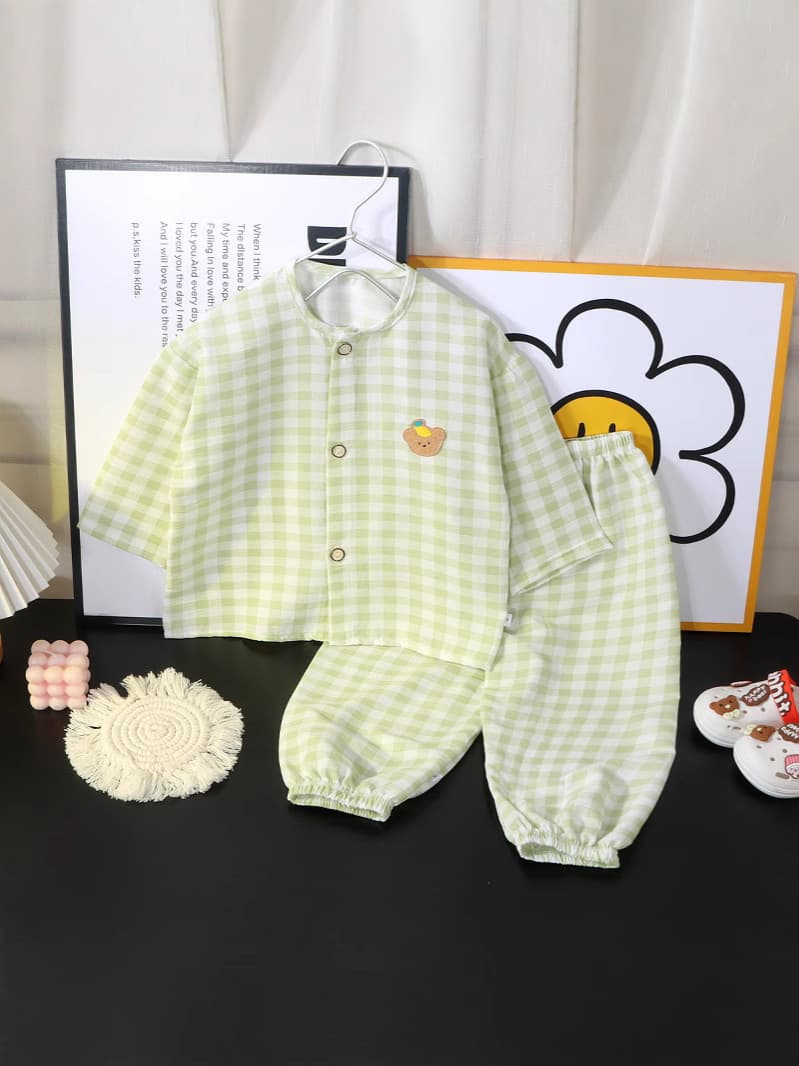 子どもパジャマ刺繍ギンガムチェック長袖上下セット冬
