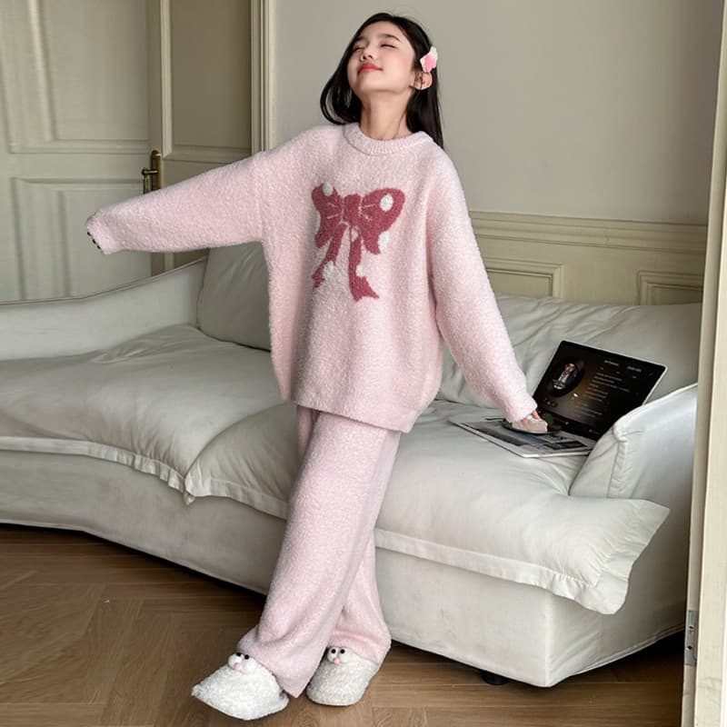 子どもパジャマ ふんわりリボンもこもこ上下セット