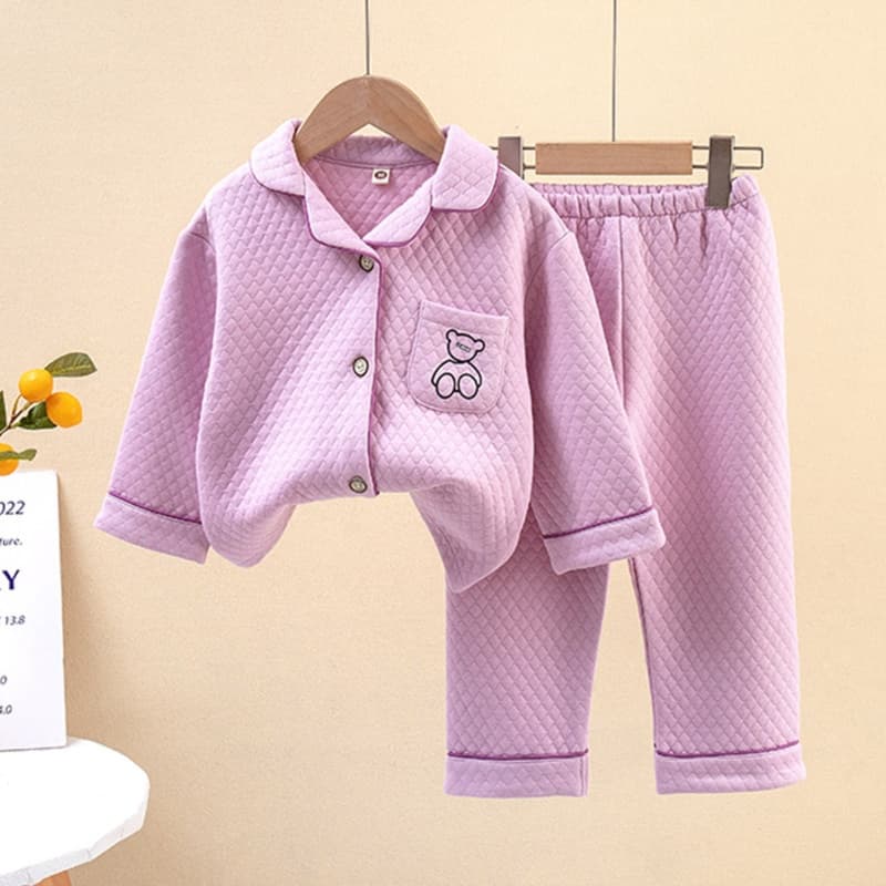 子どもパジャマ クマ刺繍入りキルティングあったかパジャマ