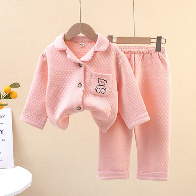 子どもパジャマ クマ刺繍入りキルティングあったかパジャマ