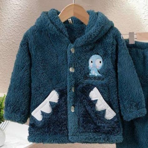子どもパジャマ もこもこ恐竜柄 上下セットパジャマ