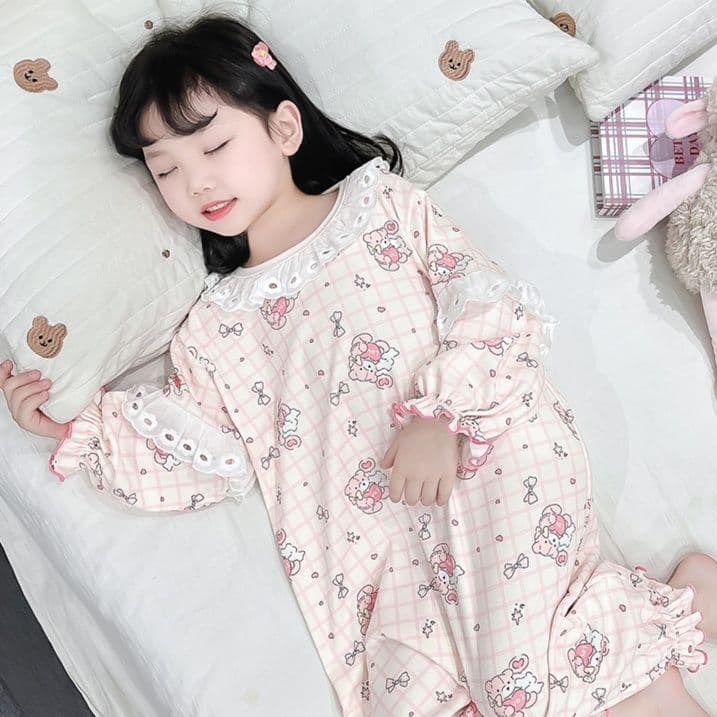 子どもパジャマ 子どもパジャマ ふんわりレース付きおやすみワンピース