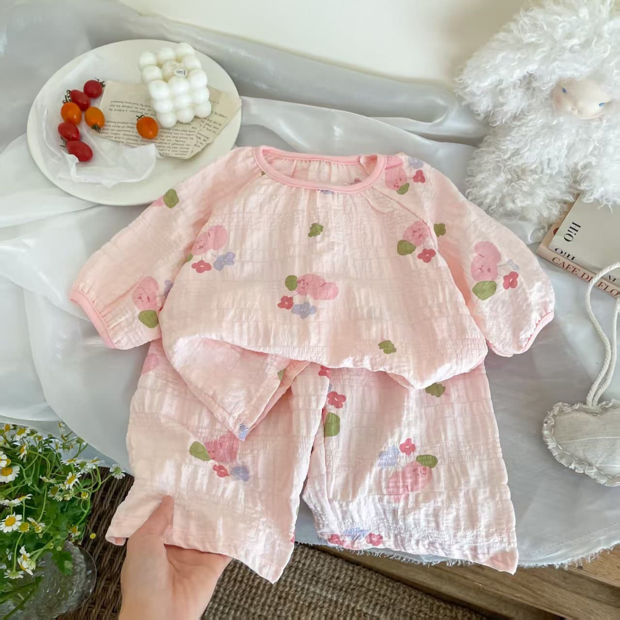 子どもパジャマ刺繍ダブルガーゼ上下セット女児用パジャマ