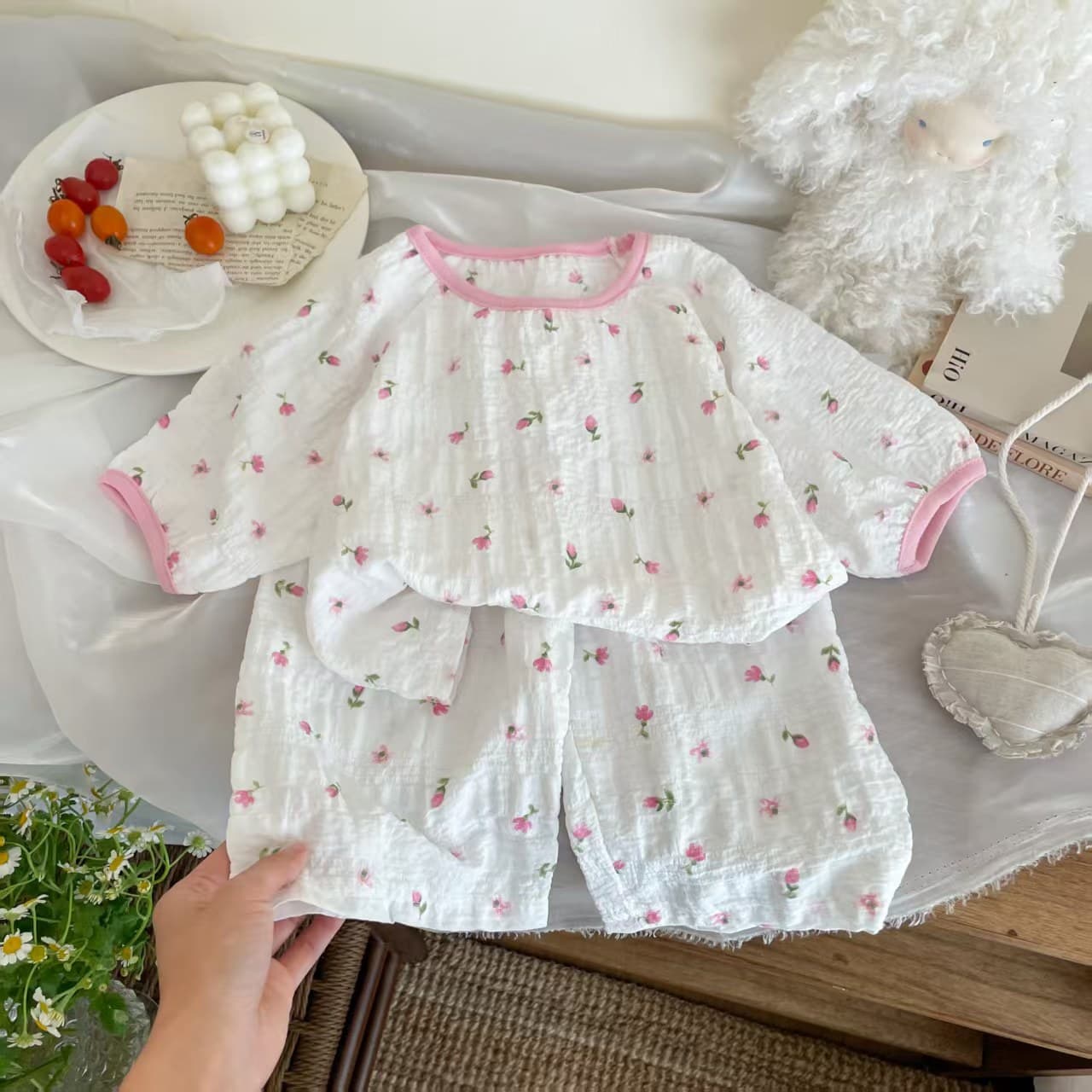 子どもパジャマ刺繍ダブルガーゼ上下セット女児用パジャマ